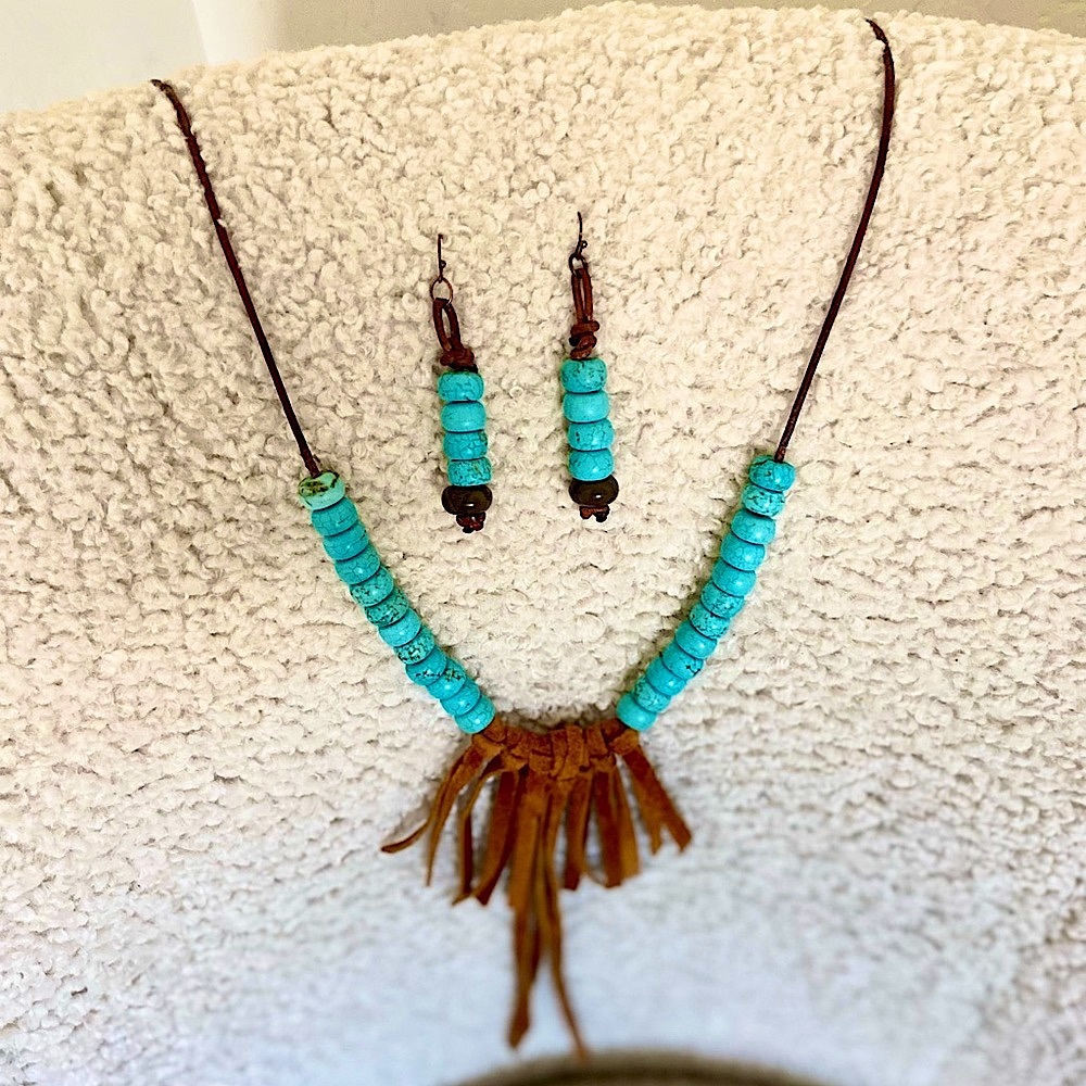 Brown leather Howlite beaded necklace and earring set